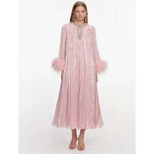 Self Portrait Pink Metallic Chiffon Feather Midi Dress